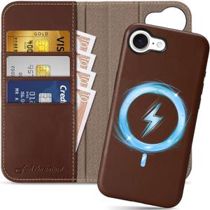SHIELDON Case for iPhone 16e 6.1", Genuine Leather Removable Folio Wallet Magnetic Wireless Charging RFID Blocking Card Holder Kickstand Shockproof Compatible with iPhone 16e 2025 - Retro Coffee