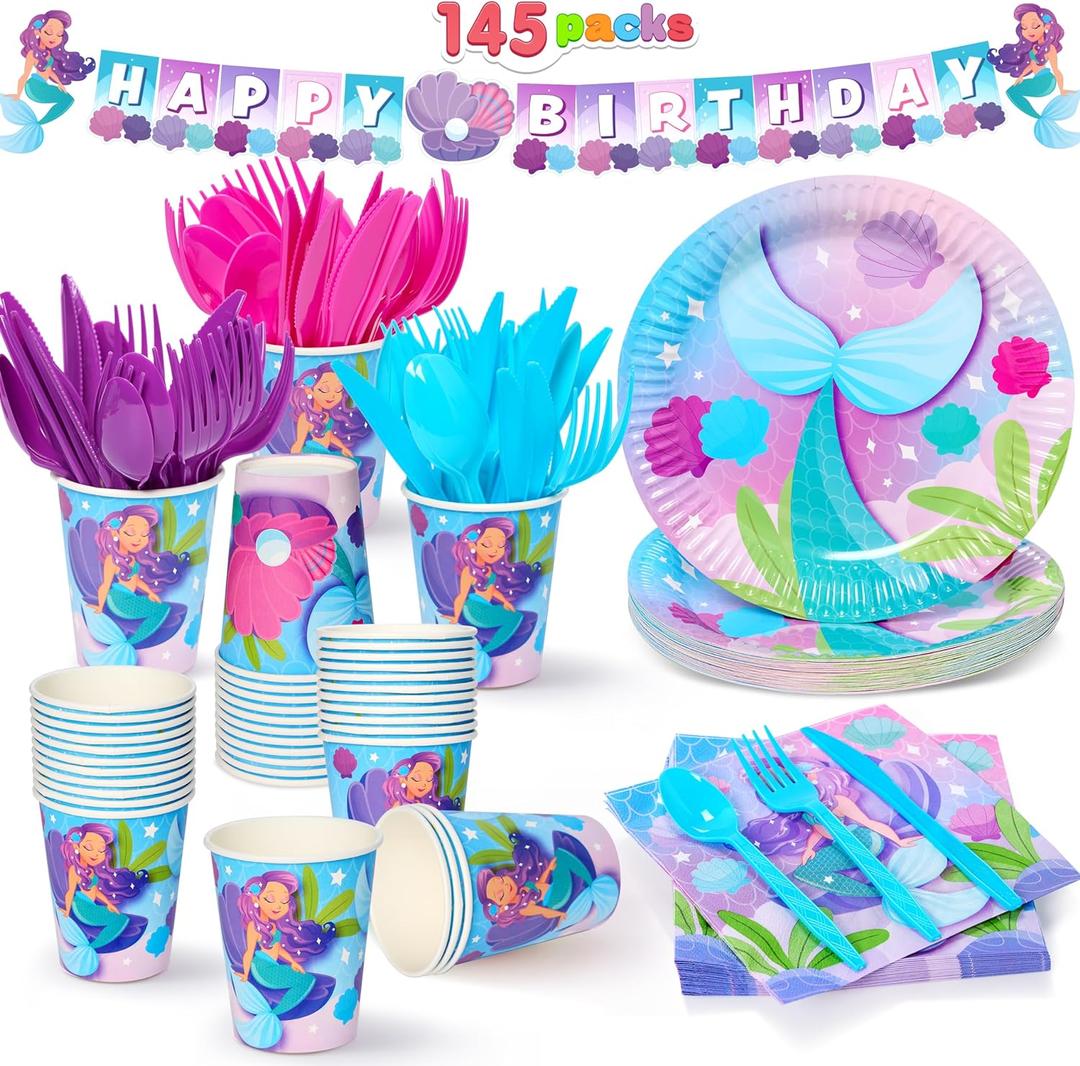 JOYIN 145 Pcs Mermaid Birthday Party Supplies with Banner, 24 Serves Tableware Set with Plates, Cups, Napkins, and Cutlery Sets for Valentines Anniversary Mermaid Themes Party Kids 6 7 8 Years