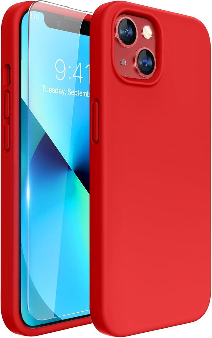 Miracase Designed for iPhone 13 Case, with Tempered Glass Screen Protector, [Soft Anti-Scratch Microfiber Lining], Shockproof Liquid Silicone Rubber Phone Cover Case for 13 6.1 inch(Red)
