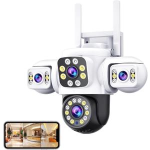 Three Lens Security Camera Outdoor, 360 View WiFi Outside Camera for Home Security, Human Detection, Night Vision, Pan & Tilt, IP66 Water Proof, 2 Way Audio, SD & Cloud Storage (US)