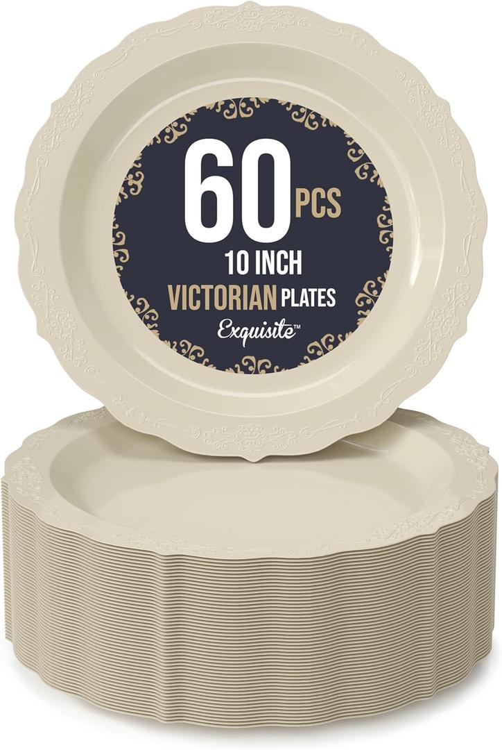 Exquisite Victorian Plastic Plates - 60 Piece Disposable Party Set for 60 Guests - 10 Inch Cream Dessert Plates - Heavy Duty