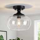 Modern Semi Flush Mount Ceiling Light, 11.8" Black Ceiling Light Fixture with Clear Glass Shade, Industrial Farmhouse Ceiling Lamp for Entryway, Hallway, Kitchen, 1-Light E26 Base