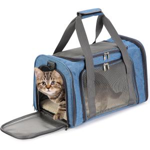 Mr. Pen- Pet Carrier, 17.5" x 11.2" x 11.5", Medium Size, Blue, Portable Travel Carrier for Small Pets, Cats & Small Dogs, Breathable Mesh, Safety Inner Leash, Side Pocket & Padded Shoulder Strap