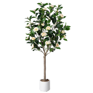 Artificial Camellia Tree 5ft, Indoor Fake Plant with Realistic Trunk, Leaves,White Flowers and White Planter, Faux Potted Tree for Home Decor and Housewarming Gift