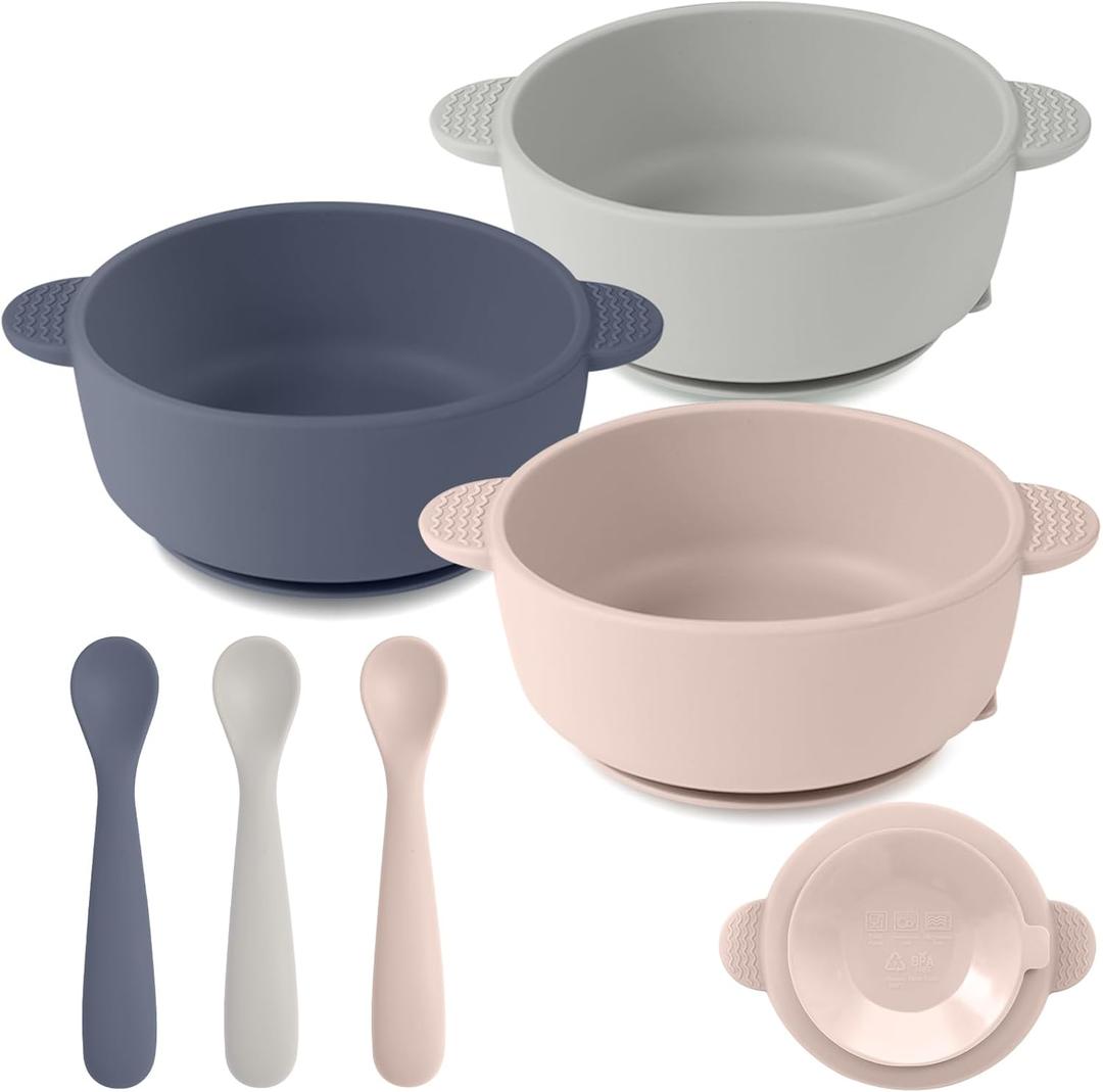Silicone Baby Feeding Set, 3 Pack Baby Bowls with Suction and 3 Pack Baby Spoons for Babies Toddlers Kids, BPA Free, Baby Utensils Feeding Supplies, Microwave and Dishwasher Safe (Gray)