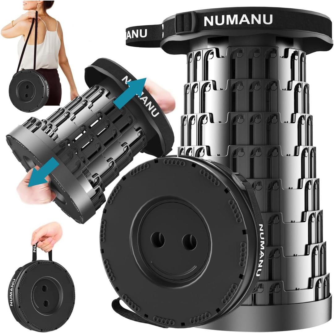 NUMANU 2025 Upgraded Collapsible Stool, Max 620lbs 2.5"-18" H Adjustable Portable Folding Stool for Adults, Retractable Foldable Telescopic Seat Camping Chair or Footrest (1PK Hard Seat)