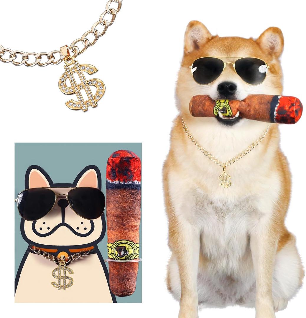 Funny Dog Sunglasses and Gold Chain Toys Set, Cuban Link Necklace with Dollar Sign Charm, Puppy Cat Superstar Costume Outfits Accessories for Boy Small Medium Dogs(Dog)