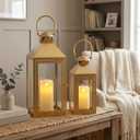 JHY DESIGN Set of 2 Gold Decorative Candle Lanterns 17.5"&13.5" H Metal Hanging Candle Holders for Indoor Outdoor Home Decor Paritie Wedding Ramadan