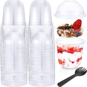 150 Pack 12 oz Clear Plastic Parfait Cups with Dome Lids No Hole Disposable Party Dessert Cups with Lids Insert Spork Round Fruit Containers with Lid for Yogurt Fruit Cereal Ice Cream