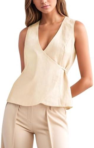 Womens Wrap Vest Tops Trendy Summer Going Out Business Casual Top Sleeveless V Neck Self Tie Waist Cami Shirts Large, Beige