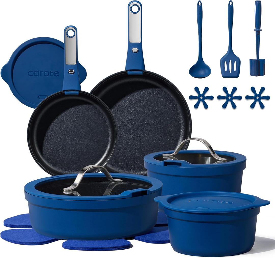 CAROTE 21pcs Pots and Pans Set Non Stick, Nonstick Cookware Set, Dishwasher/Oven/Fridge Safe Pots and Pans, Removable Handle RV Oven Safe Cookware, Induction Kitchen Set, Blue