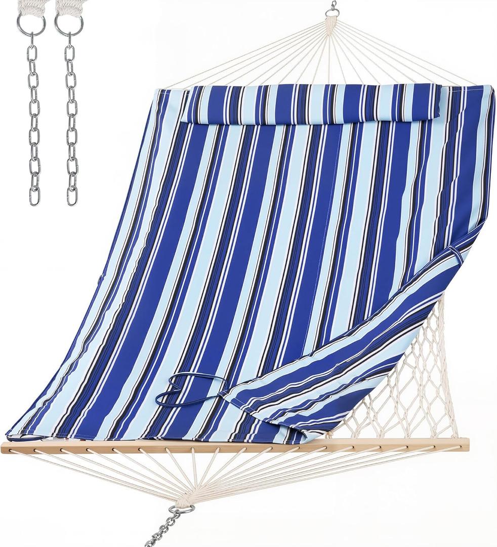 SUNCREAT 2 Person Hammock with Hardwood Spreader Bar, Outdoor Rope Hammock with Polyester Pad, 475 lbs Capacity, Blue Stripes