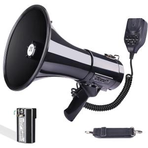 50 Watt Professional Bluetooth Megaphone Bullhorn Speaker with Rechargeable Battery & Portable Strap - Siren and Recording - USB/SD/AUX Input - for Police, Cheerleading, Outdoor (Black)