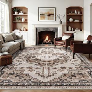 Joydeco 9x12 Area Rugs for Living Room, Non Slip Machine Washable Vintage Rug, Low Pile Chenille Print Rugs for Bedroom, Dining Room, Home Office, Pet & Child Friendly, Light Coffee