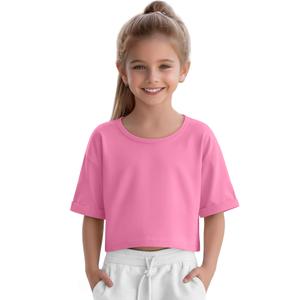 LessonZoo Girls' Crop Tops Oversized Summer Short Sleeve Crew Neck Shirts Drop Shoulder Rolled Cuffs Kids Cute Trendy Tee(Peach Pink,7-8 Years)