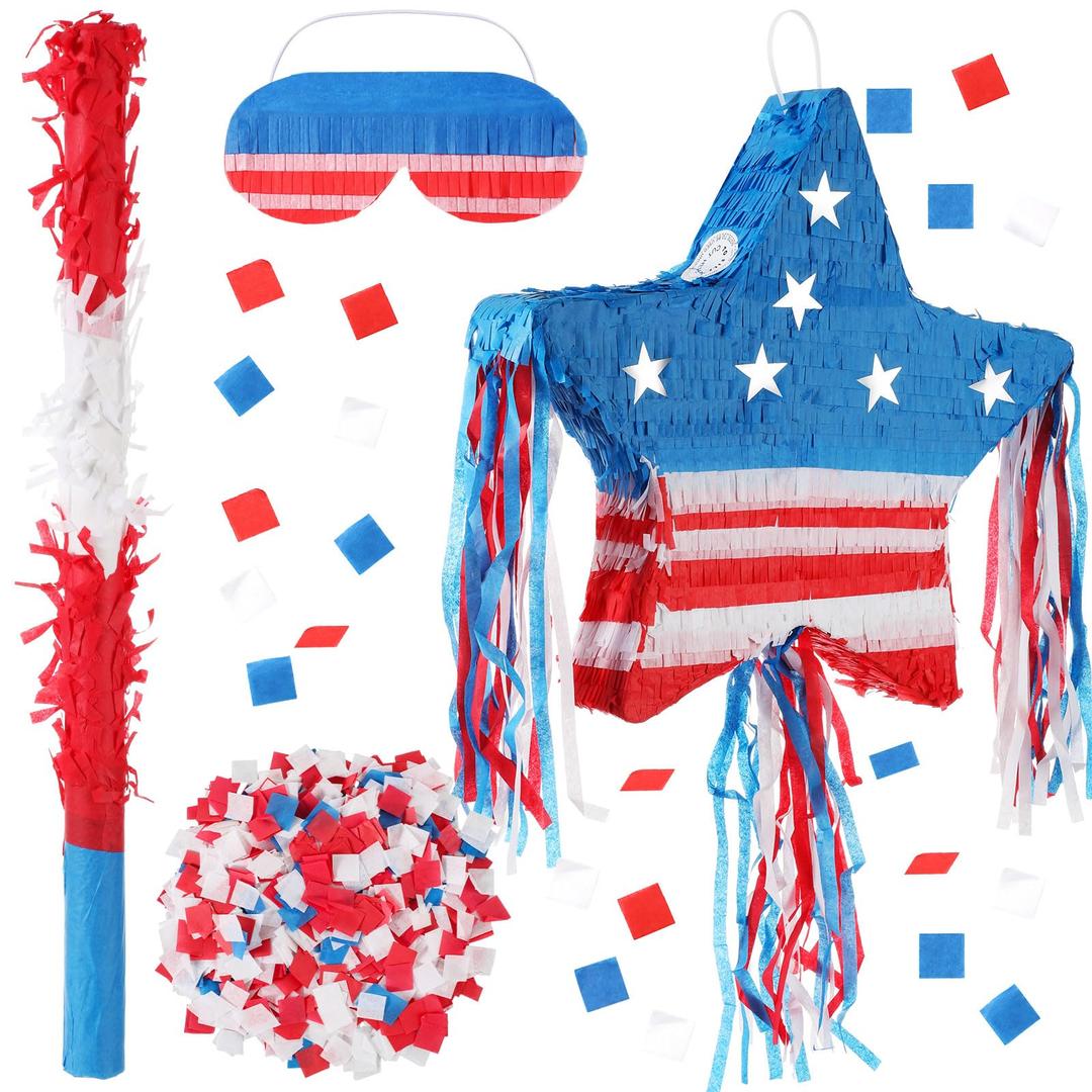Lunmon 17.7 Inch Patriotic Piñata Decorations 4th of July Piñata with Blindfold Stick and Confetti for Independence Day Fourth of July USA Classroom Party Supplies Centerpiece Decor (Stylish)