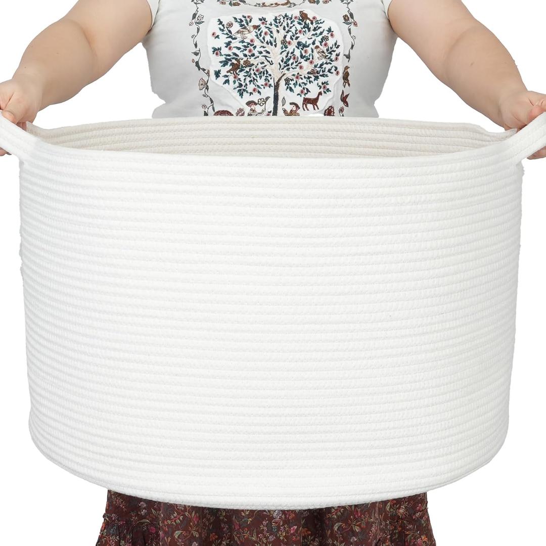 XUANGUO Extra Large Cotton Rope Basket Blankets Basket Living Room 22"x14" Toy Basket for Kids Dogs Rope Storage Basket for Nursery Woven Laundry Basket for Clothes Towels Baby Toy Storage round white