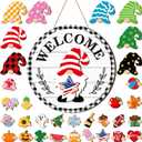 Qunclay Interchangeable Wooden Gnome Decor Holiday Seasonal Gnome Decorations with Magnet Pieces and Detachable Hats Changeable Welcome Sign for Home(Vivid Style)
