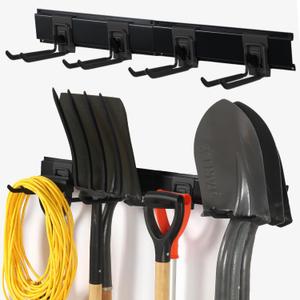 Garage Clamping Garden Tool Organizer, Wall Mount Tool Holder Heavy Duty Garage Storage Tool Rack, Garage Organization Shovel Hangers Yard Tool Hook, Hold Up to 300lbs (32Inch Black) (36Inch)