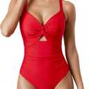 OQQ Women’s One Piece Swimsuit Tummy Control V Neck Twist Front Bathing Suit Cutout Full Coverage Slimming Swimwear (Red, L)