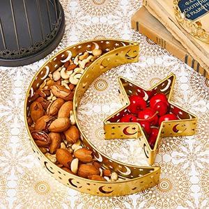 2 Pcs Eid Mubarak Moon Star Dinner Plate Tray Ramadan Serving Tray Muslim Islamic Dessert Trays Pastry Tableware Dessert Food Storage Container Display Holder for Party, Gold
