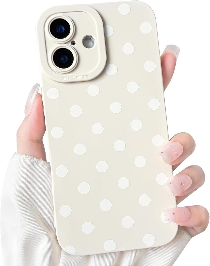 NITITOP Compatible with iPhone 16 Case Stylish Cute Polka Dots Pattern Design for Girls Women Men Soft TPU Shockproof Full Camera Protective Phone Cover - White