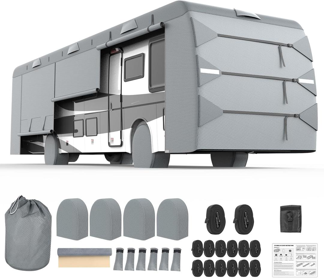 Mofeez Class A RV Cover, Heavy Duty Camper Cover 31-34ft, Extra-Thick 7 Layer Windproof Anti-UV Rip-Stop Class A Motorhome Cover with 2Pcs Extra Straps, 6 Gutter Covers & 4 Tire Covers