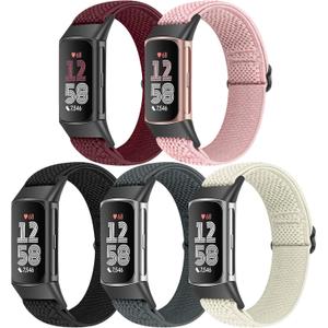 5 Pack Elastic Nylon Watch Bands Compatible for Fitbit Charge 6/Fitbit Charge 5, Adjustable Breathable Replacement Stretchy Nylon Loop Wristband Sport Strap for Women Men (Black+Grey+Wine Red+Pink Sand+Beige)
