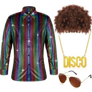 Sintege Men 70s 80s Disco Outfit Costume Set Sequin Shirt Wig Necklace Sunglasses for Halloween Mardi Gras 60s 90s Party(XL, Multicolor)