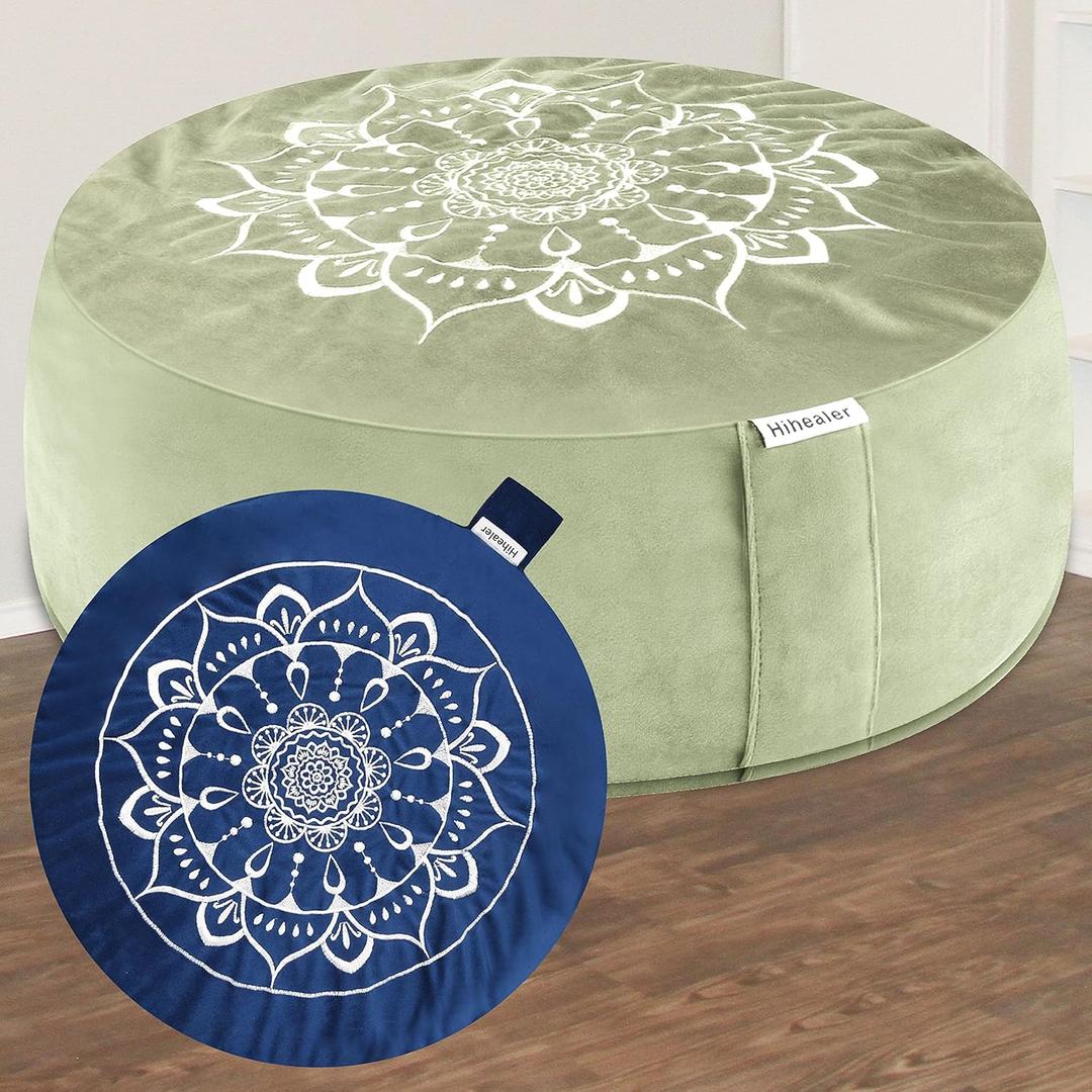 Hihealer Meditation Cushion, Traditional Tibetan Meditation Pillow Velvet Cover - Large Floor Cushion Seating for Adults - Yoga Buckwheat Bolster for WomenMoms (Serenity Navy & Green)