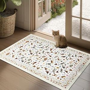 Door mat Indoor Entrance 2'x3' Cute Cat, Woodland Animal and Floral Design Machine Washable Area Rug Non-Slip Low Pile Throw Rugs for Entryway Kitchen Bedroom Bathroom Indoor Entrance Beige