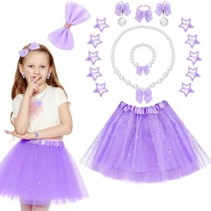 16 Pieces Tutu Dress Up Set for Girls 3-8 Years, Princess Costume with Hair Accessories Set (Purple)