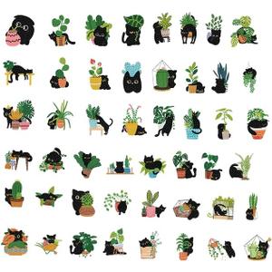 Aestalrcus 48 Pcs Diamond Art Stickers, Cats and Plants Diamond Painting Stickers Kit, Black Cats 5D Gem Art for Kids Birthday Party Holiday Gifts