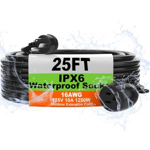 USEDOM IPX6 25 FT Outdoor Extension Cord Waterproof, 16/3 Gauge Black Heavy Duty Extension Cords, 10A 1250W SJTW, Waterproof Socket, 3 Prong Flat Plug Extension Cord with Weather Resistance