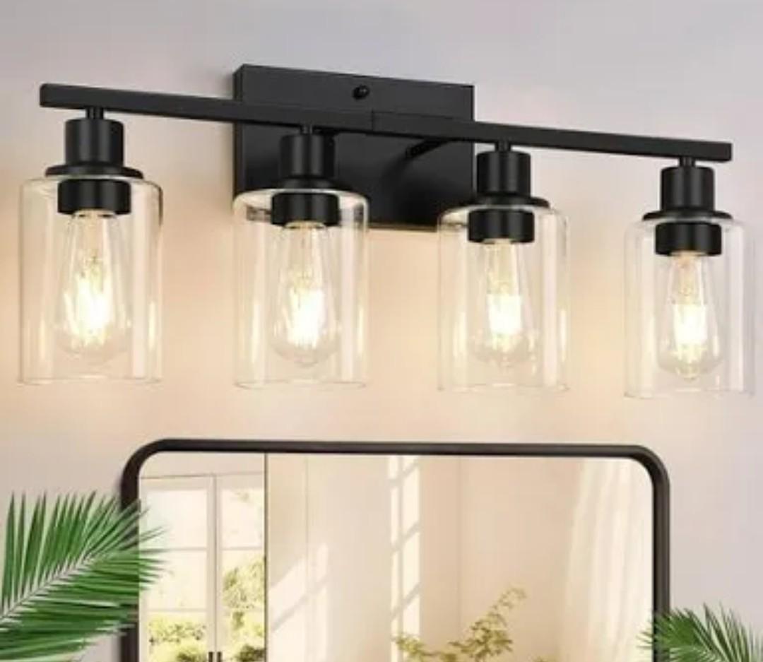 Blinghy 4-Light Bathroom Light Fixtures, Black Modern Vanity Light with Clear Glass Shade, Bathroom Lighting Fixtures Over Mirror, Bathroom Wall Sconce Lights for Mirror Living Room Bedroom Hallway