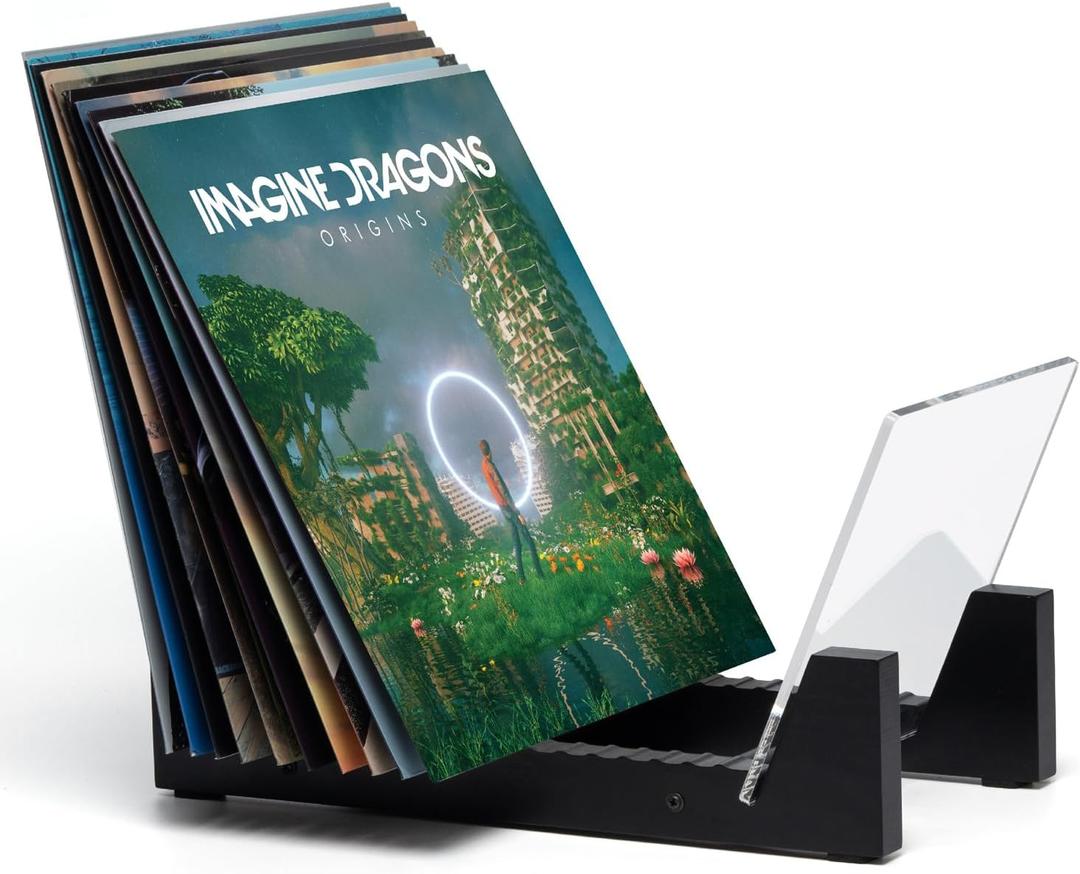 KAIU Vinyl Record Storage - Solid Wood with Crystal Clear Acrylic Holder - Premium Design, Perfect 12" LPs or 7" Singles Display Unit - Stores and Supports up to 50 Albums (Modern Black)