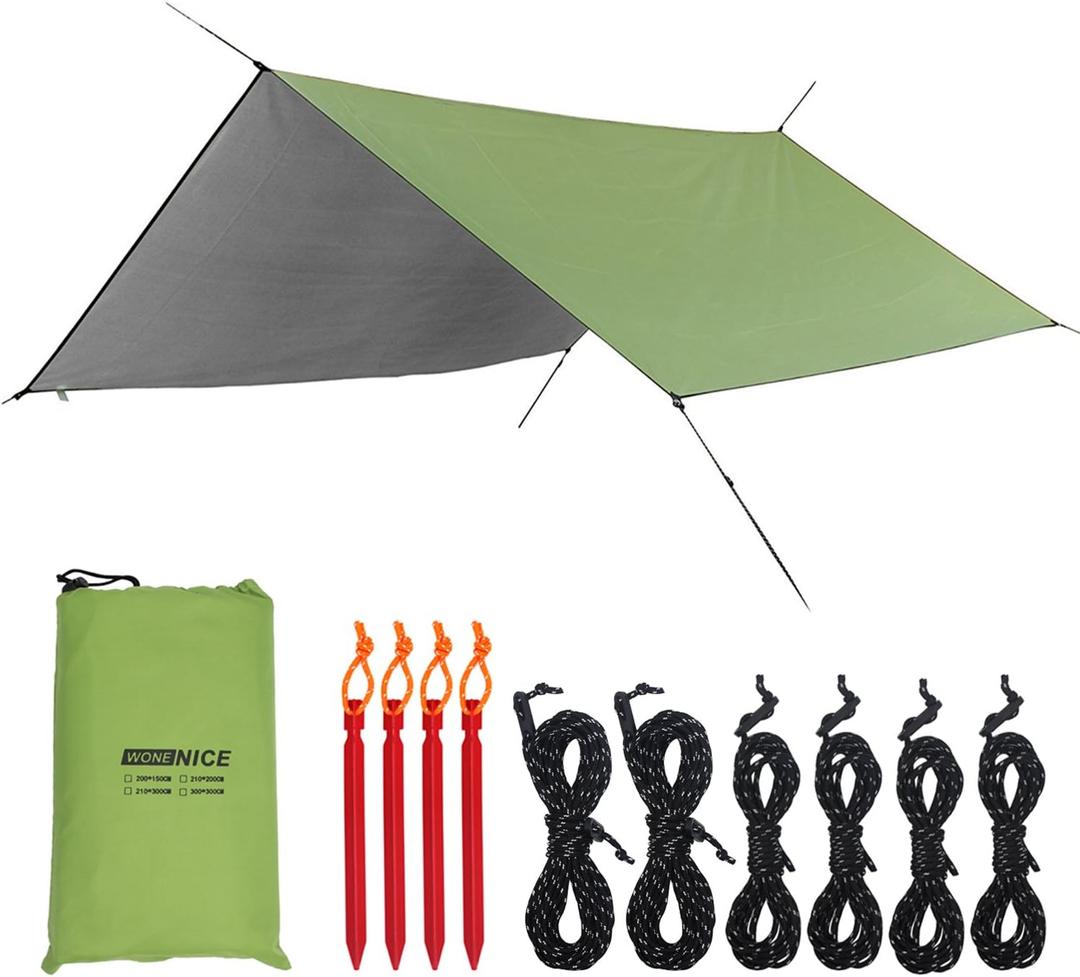 WoneNice 10' x 13' Waterproof Camping Tarp - Lightweight Hammock Rain Fly for Backpacking, Hiking, Travel - Windproof Shelter, Compact & Durable Tent Tarp Cover (Army Green)