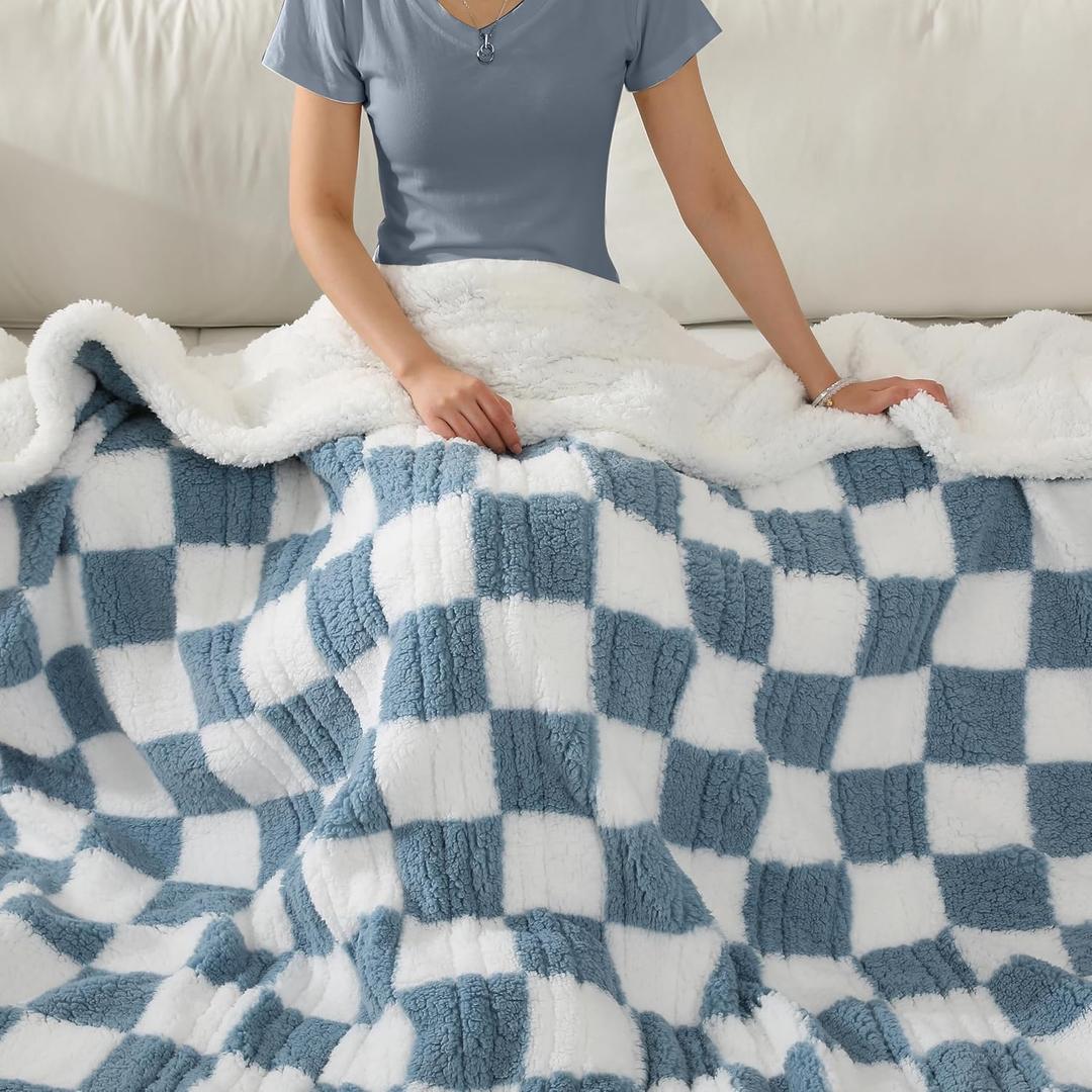 Electric Heated Blanket Full Size 72"84" with 9 Heating Levels & 1-10Hs Auto Off, Checkered Plaid Double Sided Sherpa, Energy Efficient, Machine Washable, for Couch & Bed, Light Blue