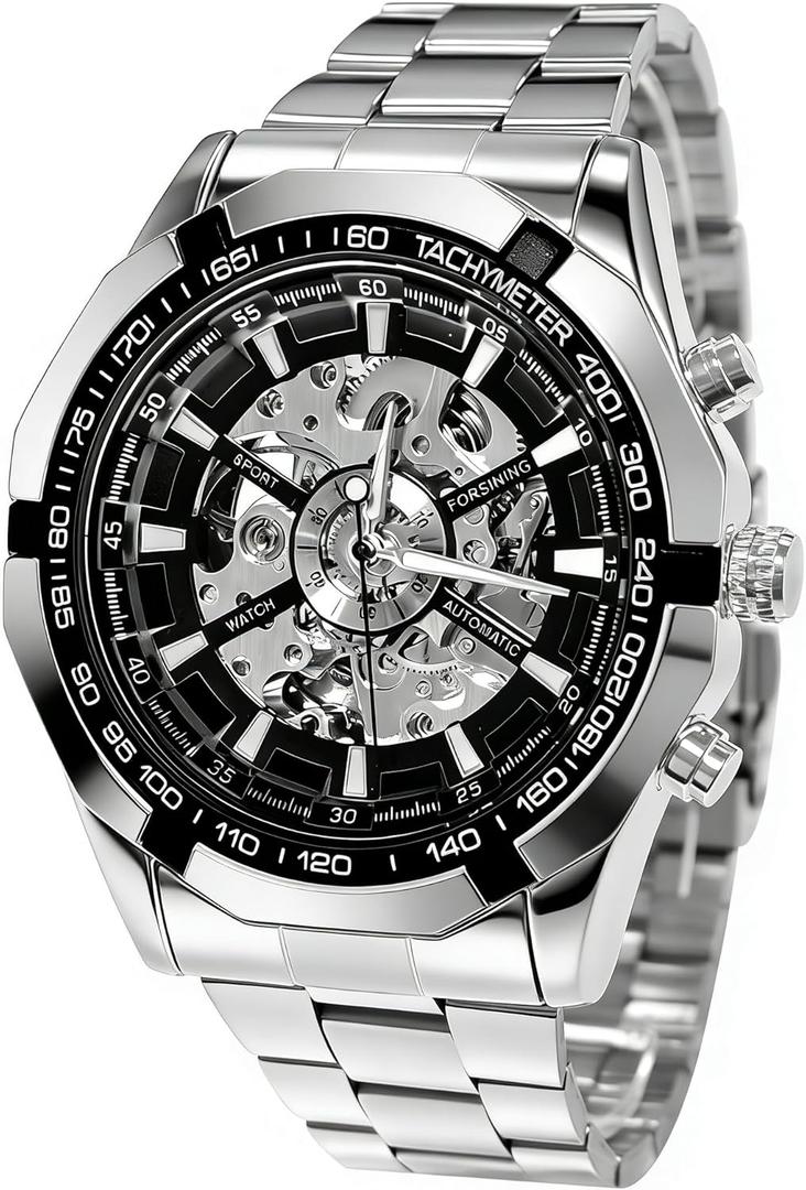 Gute Mens Watches, Mechanical Skeleton Stainless Steel Waterproof Automatic Self-Winding Watch for Men, Luxury X Dial Steampunk Wrist Watch (Silver)