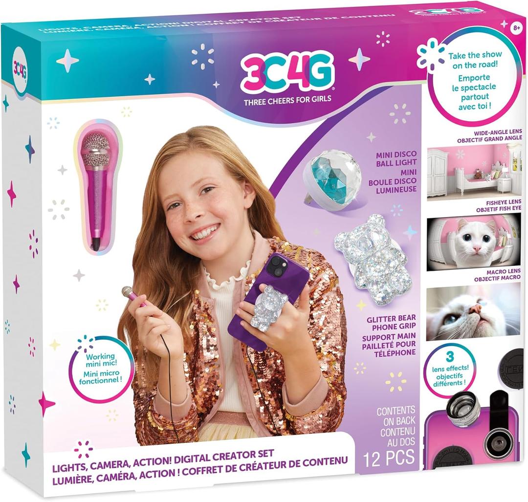 3C4G: Lights, Camera, Action! Digital Creator Set - 12pcs, Working Mini-Mic, Disco Ball, Glitter Bear Phone Grip, Three Cheers for Girls, Kids Age 8+