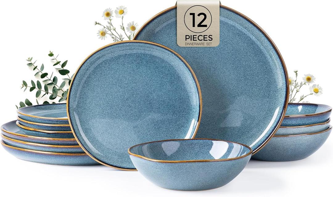 AmorArc Ceramic Dinnerware Sets, Handmade Reactive Glaze Stoneware Plates and Bowls Sets, Highly Scratch Resistant | Dishwasher & Microwave Safe Dishes Set, Service for 4 (12pc)