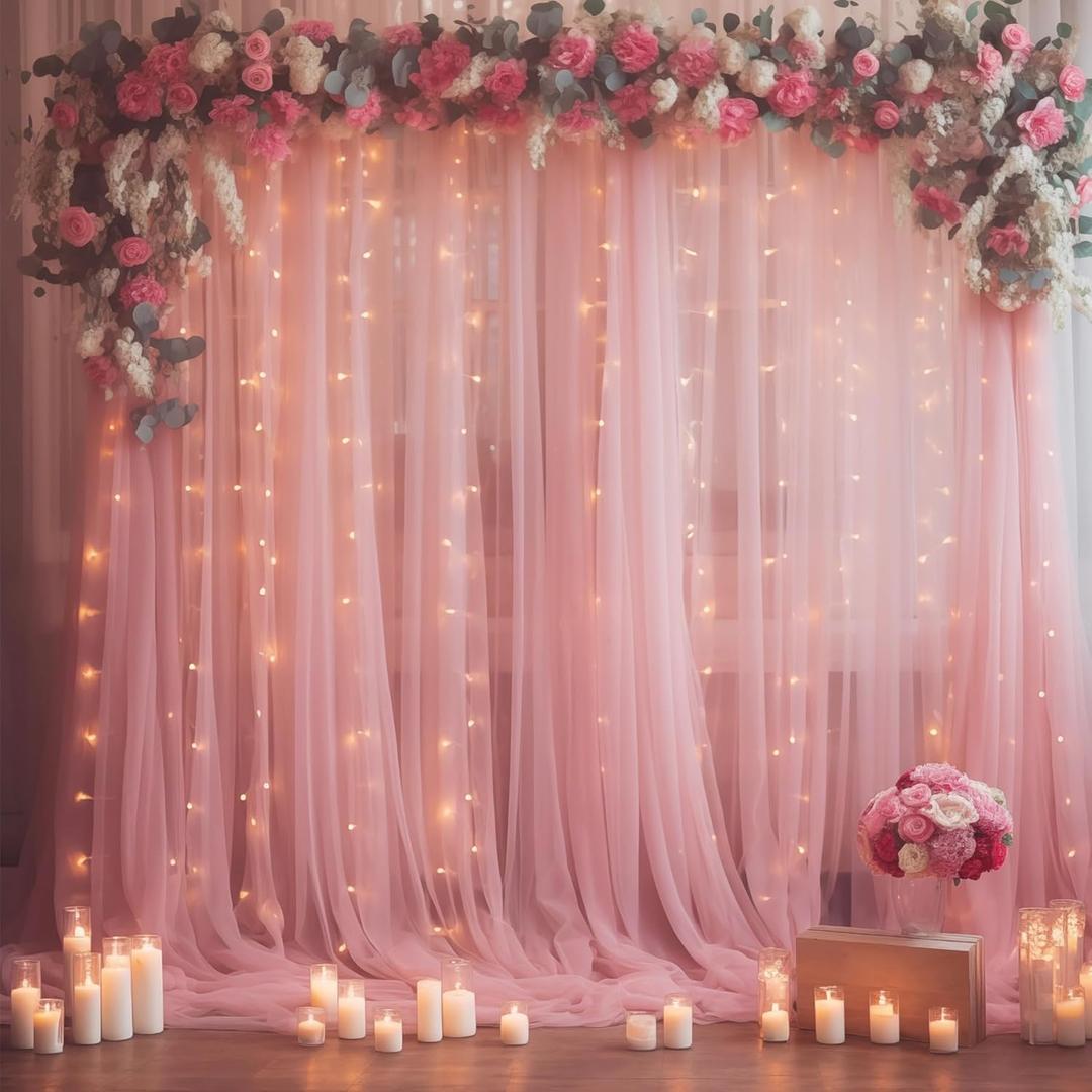 1010ft Dusty Rose Tulle Backdrop Curtain with Lights String for Parties, Sheer Photo Curtain Backdrop Drapes for Wedding Party Photography Backgrounds (10ftx10ft)
