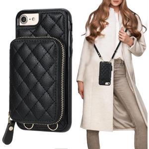 Bocasal Crossbody Wallet Case for iPhone SE 2022/SE 2020/8/7, RFID Blocking PU Leather Zipper Handbag Purse Flip Cover, Kickstand Folio Case with Card Slots Holder Wrist Strap Lanyard 4.7 Inch (Black)