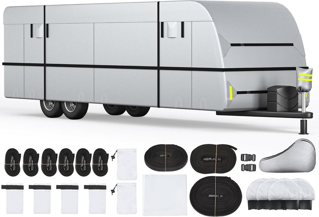 YOLENY 30'-33' Travel Trailer RV Cover, 300D Windproof Rip-Resistant Anti-UV Camper Cover with Jack Cover Storage Bag Repair Patches and Tire Covers