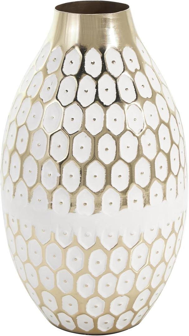 Deco 79 Metal Geometric Decorative Vase Geometric Dot Centerpiece Vase with White Accents, Flower Vase for Home Decoration 6" x 6" x 10", Gold