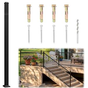 2in x 2in x 48in Aluminum Railing Post with Drill Bit & 2 Screw Types | AAMA 2604-Grade Finish，Textured Black Railing Post for Outdoor Porch & Stairs (1 x 48in Post Only)
