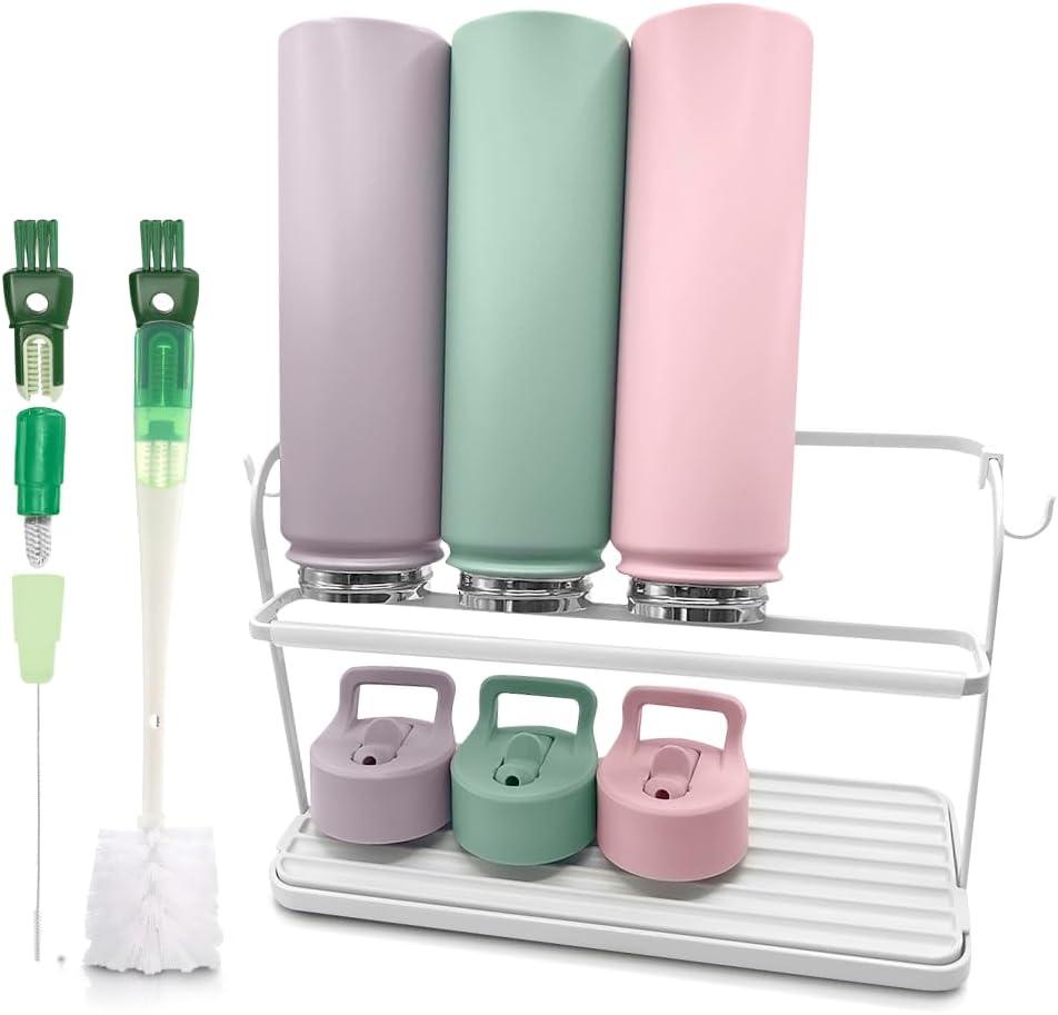 Wakubon Bottle Drying Rack for Kitchen Countertop, Space Saving Storage Stand with Drainage Tray, TwoTier Design for Tumblers, Baby Bottles, Water Bottle Drying Rack with 5in1 Bottle Cleaning Brush