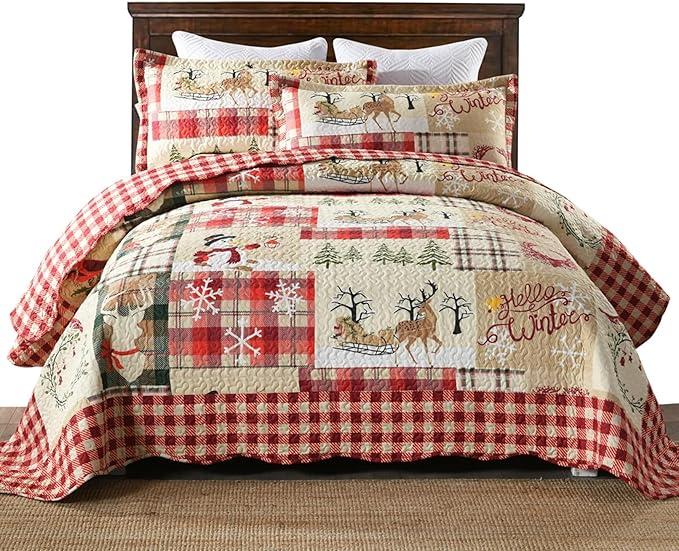 MarCielo 3 Piece Christmas Quilt Set, Rustic Lodge Deer Quilt Bedspread Throw Blanket Lightweight Bedspread Coverlet Comforter Set (Hello Winter, King)