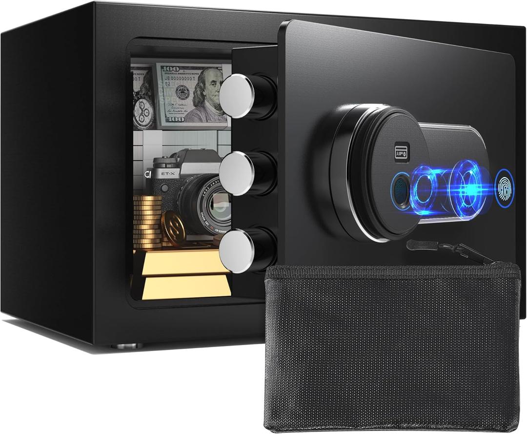 Safe Box with Fireproof Waterproof Bag, 0.5 Cub Small Home Safety Box with Key, Biometric Fireproof Personal Safes, Fingerprint Money Safe for Home Hotel Bedroom, Fingerprint Unlock