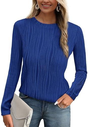 PRETTYGARDEN Long Sleeve Tops for Women 2025 Spring Fall Trendy Business Dressy Casual Shirts Crewneck Textured Blouse, M